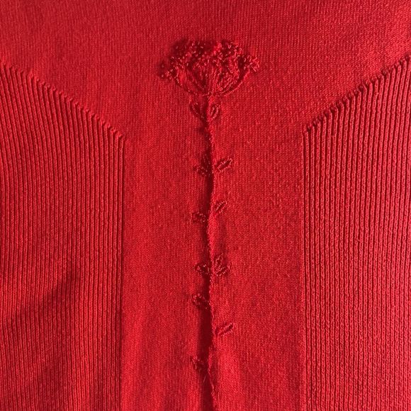 Vintage Womens Jantzen Large Red Knit Sweater W/ Hand Embroidery Flower - Picture 5 of 8